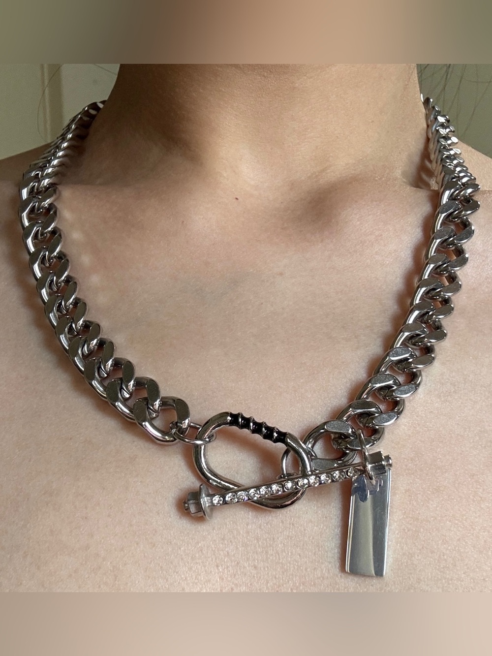 Silver Crystal Toggle Chain Necklace - Women Jewelry